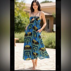 Anthropologie Blue and Yellow Geometric Midi Dress Size # XS
